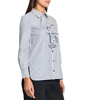 Ming Wang x Tanya Foster Cotton Pinstripe Point Collar Water Fall Long Sleeve Blouse