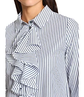 Ming Wang x Tanya Foster Cotton Pinstripe Point Collar Water Fall Long Sleeve Blouse