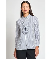 Ming Wang x Tanya Foster Cotton Pinstripe Point Collar Water Fall Long Sleeve Blouse