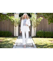 Ming Wang x Tanya Foster Cotton Pinstripe Point Collar Water Fall Long Sleeve Blouse