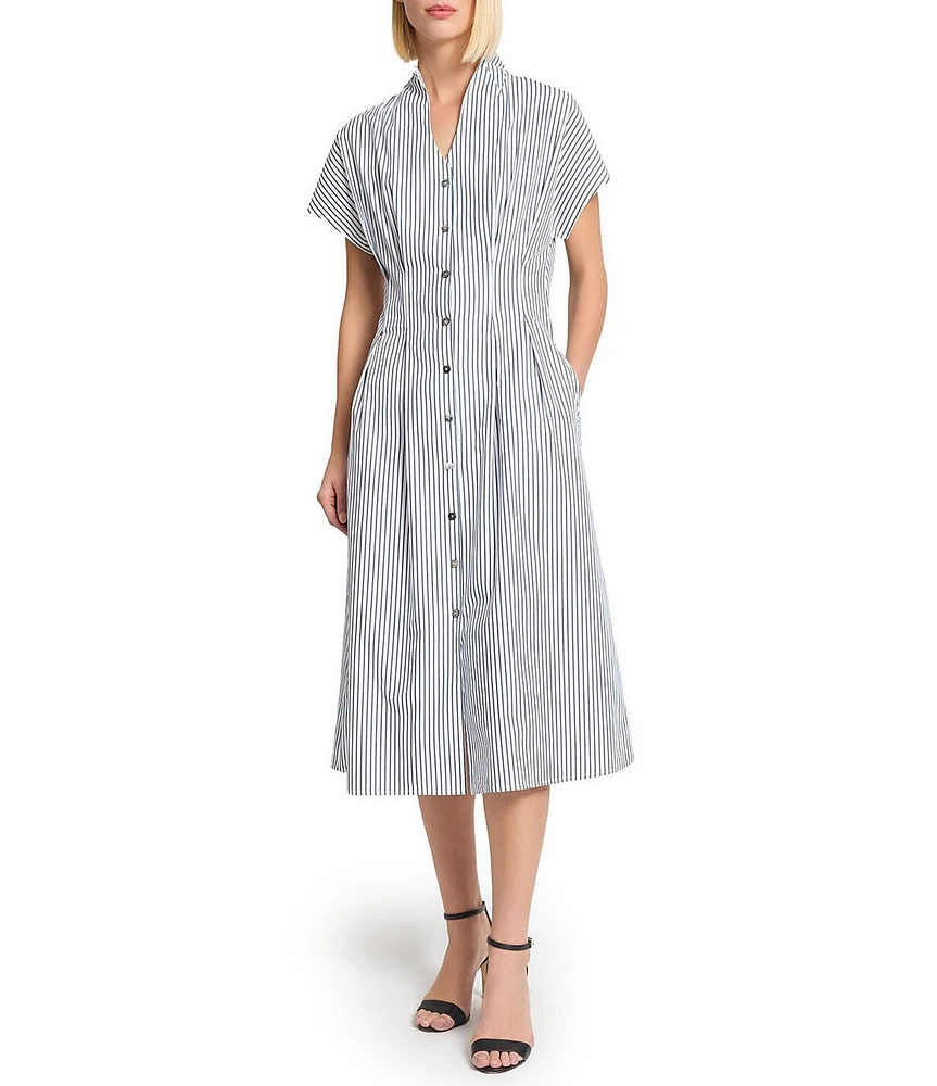 Ming Wang x Tanya Foster Cotton Pinstripe Stand Collar Short Sleeve Fit-And-Flare Dress