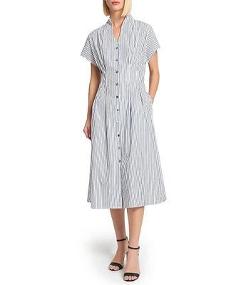 Ming Wang x Tanya Foster Cotton Pinstripe Stand Collar Short Sleeve Fit-And-Flare Dress