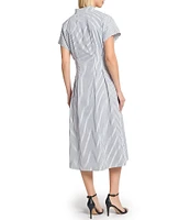 Ming Wang x Tanya Foster Cotton Pinstripe Stand Collar Short Sleeve Fit-And-Flare Dress