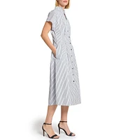 Ming Wang x Tanya Foster Cotton Pinstripe Stand Collar Short Sleeve Fit-And-Flare Dress
