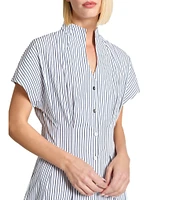 Ming Wang x Tanya Foster Cotton Pinstripe Stand Collar Short Sleeve Fit-And-Flare Dress