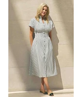 Ming Wang x Tanya Foster Cotton Pinstripe Stand Collar Short Sleeve Fit-And-Flare Dress