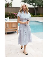 Ming Wang x Tanya Foster Cotton Pinstripe Stand Collar Short Sleeve Fit-And-Flare Dress