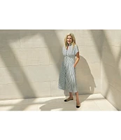Ming Wang x Tanya Foster Cotton Pinstripe Stand Collar Short Sleeve Fit-And-Flare Dress