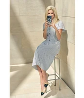 Ming Wang x Tanya Foster Cotton Pinstripe Stand Collar Short Sleeve Fit-And-Flare Dress