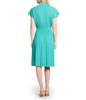 Ming Wang x Tanya Foster Ribbed Knit V-Neck Short Sleeve Fit-And-Flare Dress