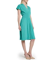 Ming Wang x Tanya Foster Ribbed Knit V-Neck Short Sleeve Fit-And-Flare Dress