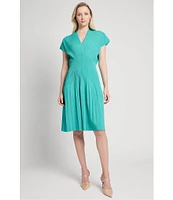 Ming Wang x Tanya Foster Ribbed Knit V-Neck Short Sleeve Fit-And-Flare Dress