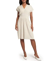 Ming Wang x Tanya Foster Ribbed Knit V-Neck Short Sleeve Fit-And-Flare Dress