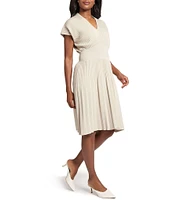 Ming Wang x Tanya Foster Ribbed Knit V-Neck Short Sleeve Fit-And-Flare Dress