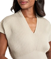 Ming Wang x Tanya Foster Ribbed Knit V-Neck Short Sleeve Fit-And-Flare Dress