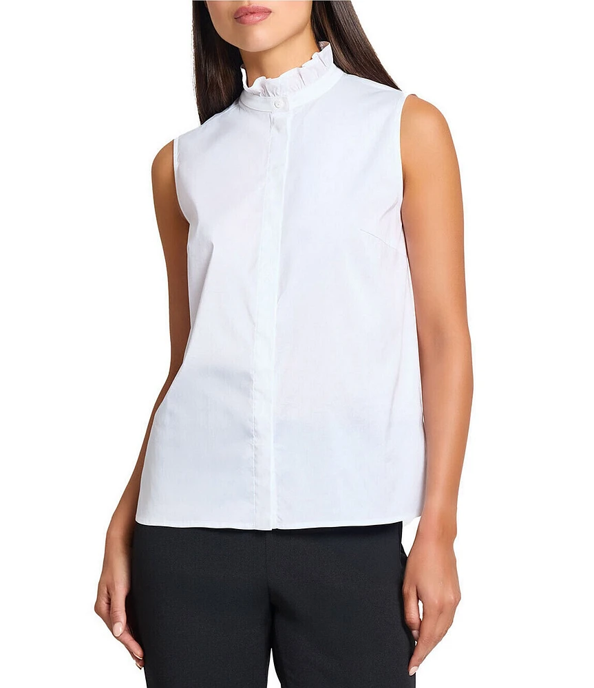 Ming Wang x Tanya Foster Stretch Cotton Mock Ruffle Neck Sleeveless Blouse