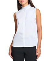 Ming Wang x Tanya Foster Stretch Cotton Mock Ruffle Neck Sleeveless Blouse