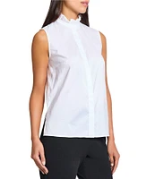Ming Wang x Tanya Foster Stretch Cotton Mock Ruffle Neck Sleeveless Blouse