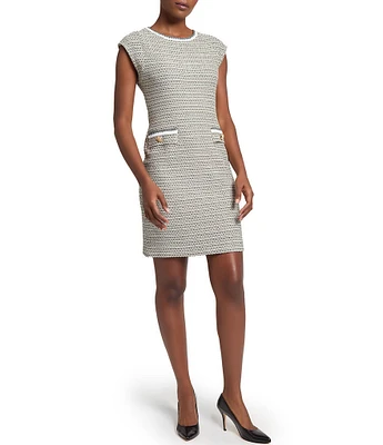 Ming Wang x Tanya Foster Tweed Knit Round Neck Cap Sleeve Sheath Dress