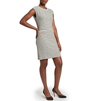 Ming Wang x Tanya Foster Tweed Knit Round Neck Cap Sleeve Sheath Dress