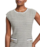 Ming Wang x Tanya Foster Tweed Knit Round Neck Cap Sleeve Sheath Dress
