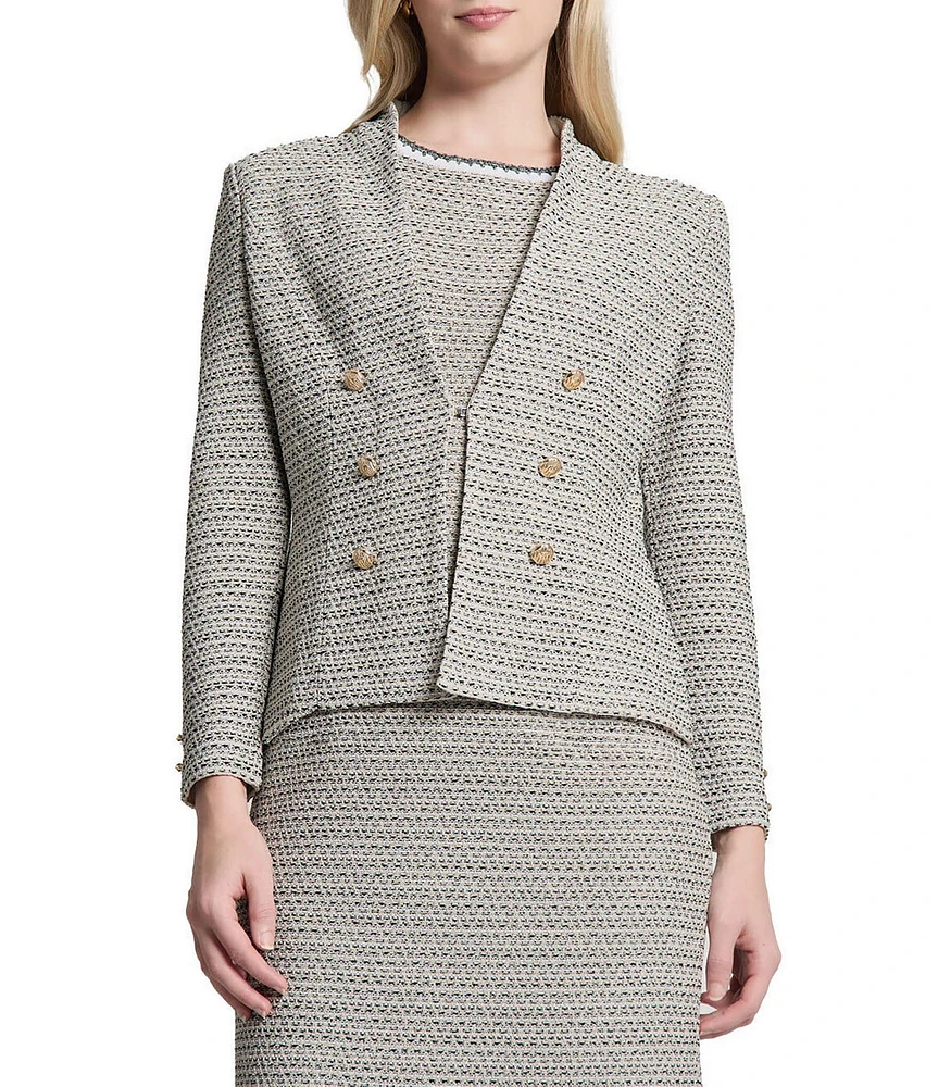Ming Wang x Tanya Foster Tweed Knit V-Neck Long Sleeve Hook Front Jacket