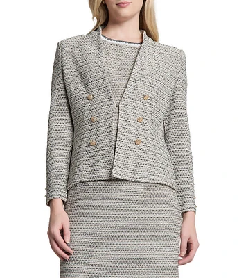 Ming Wang x Tanya Foster Tweed Knit V-Neck Long Sleeve Hook Front Jacket