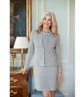 Ming Wang x Tanya Foster Tweed Knit V-Neck Long Sleeve Hook Front Jacket