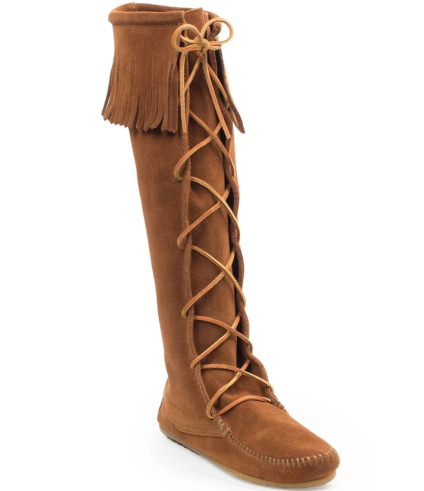 Minnetonka Women's Hardsole Suede Fringe Tall Lace Up Boots