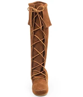 Minnetonka Women's Hardsole Suede Fringe Tall Lace Up Boots