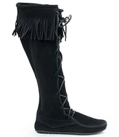 Minnetonka Women's Hardsole Suede Fringe Tall Lace Up Boots