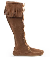 Minnetonka Women's Hardsole Suede Fringe Tall Lace Up Boots