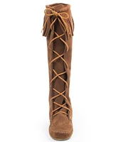 Minnetonka Women's Hardsole Suede Fringe Tall Lace Up Boots