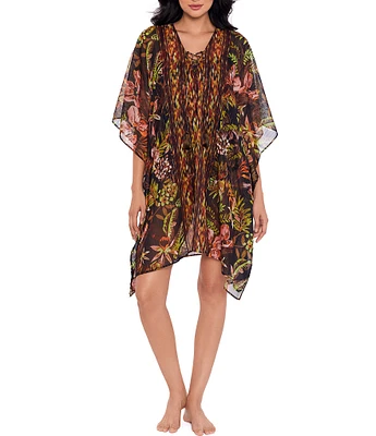 Miraclesuit Botanico V-Neck Lace-Up Tassel Caftan Swim Cover-Up