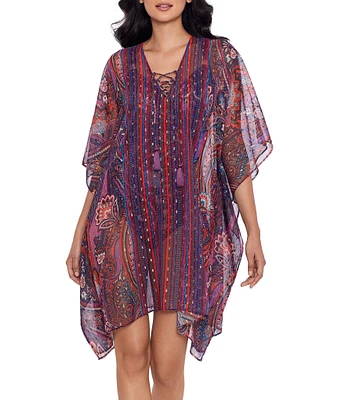 Miraclesuit Dynasty Print V-Neck Lace-Up Tassel Drop Shoulder Flutter Sleeve Caftan Swim Cover-Up