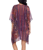Miraclesuit Dynasty Print V-Neck Lace-Up Tassel Drop Shoulder Flutter Sleeve Caftan Swim Cover-Up