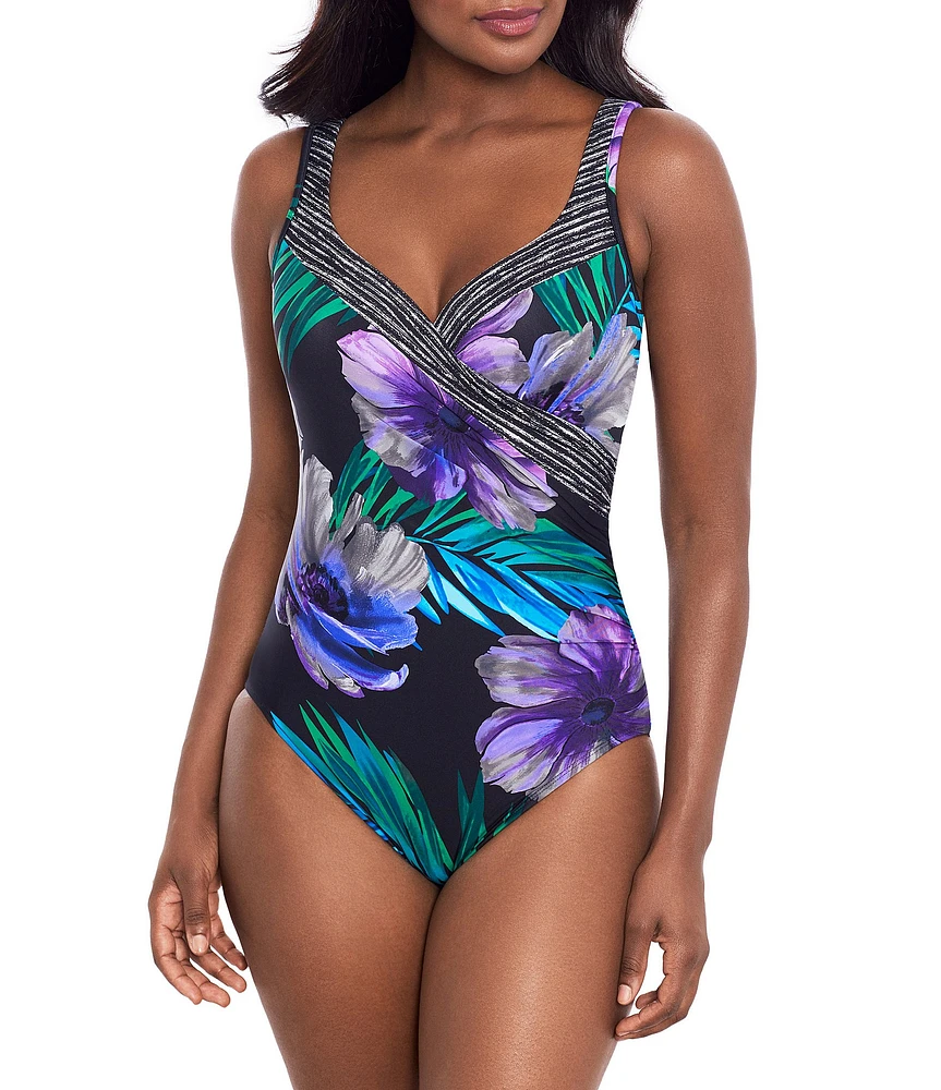 Miraclesuit Flora Aura It's A Wrap Printed Surplice V-Neck Padded Straps Underwire One Piece Swimsuit