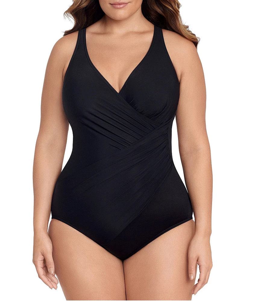 Miraclesuit Plus Size Solid Must Haves Oceanus V-Neck Underwire Bra Tank One Piece Swimsuit