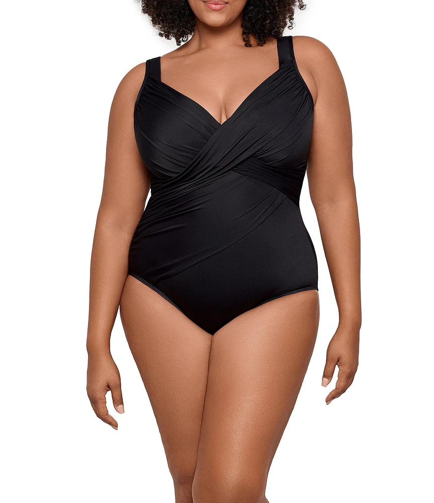 Miraclesuit Plus Size Solid Rock Revele Surplice V-Neck Underwire Bra Tank One Piece Swimsuit