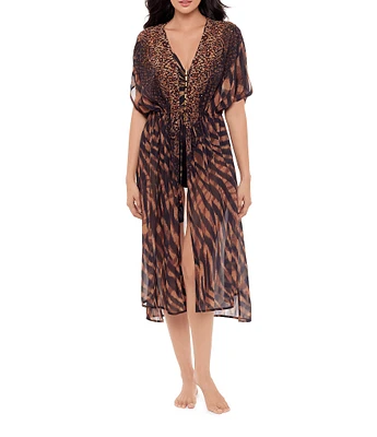 Miraclesuit Raya De Safari Semi-Sheer Georgette Long Kimono Swim Cover-Up