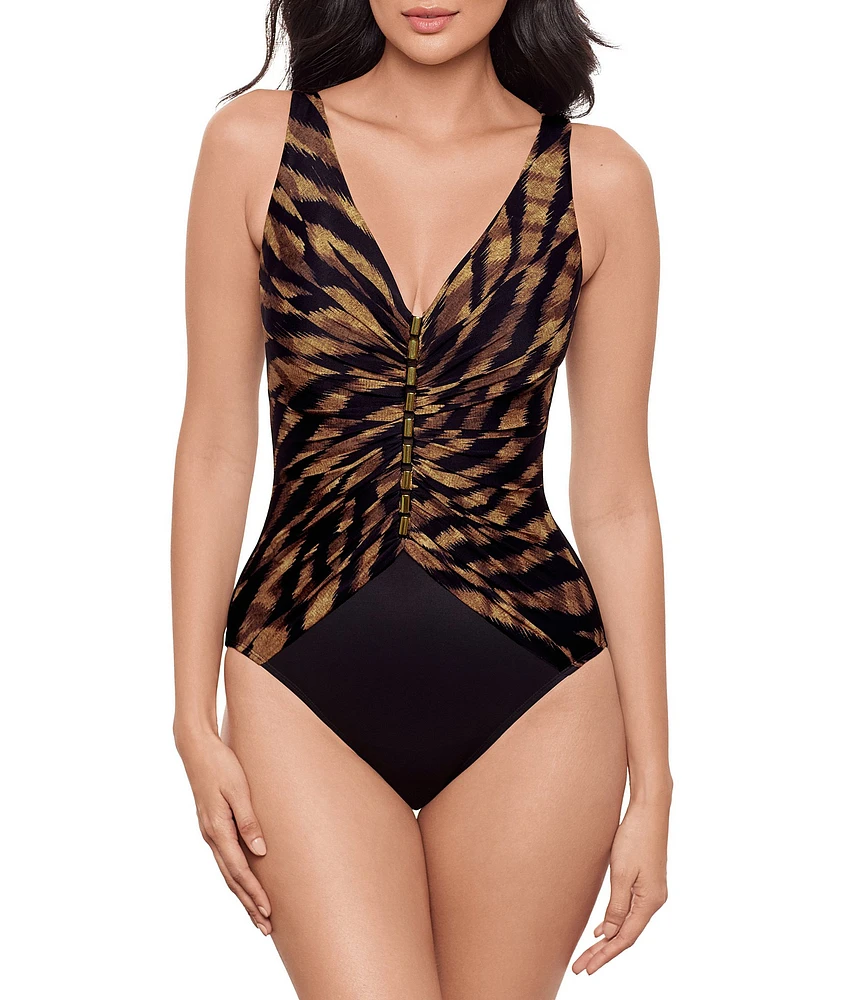 Miraclesuit Raya De Safari V-Neck Mesh Hardware Tank One Piece Swimsuit