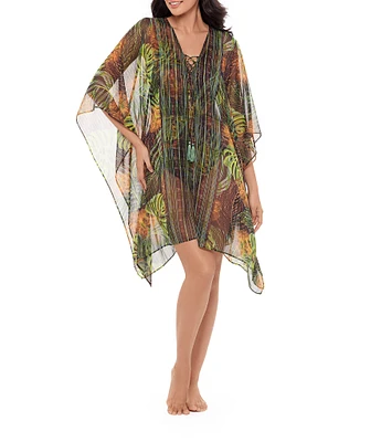 Miraclesuit Sunset Islet Lace-Up V-Neck Caftan Swim Cover-Up