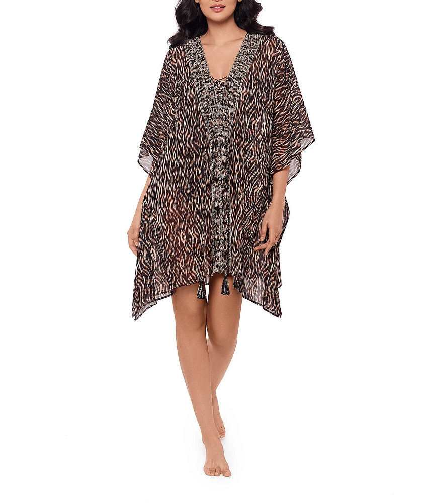 Miraclesuit Topkapi Georgette Printed V-Neck Lace-Up Swim Caftan Cover-Up