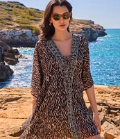 Miraclesuit Topkapi Georgette Printed V-Neck Lace-Up Swim Caftan Cover-Up