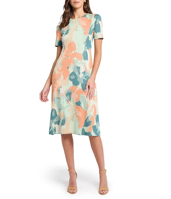 MISOOK Abstract Floral Knit Round Neck Short Sleeve A-Line Midi Dress