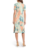 MISOOK Abstract Floral Knit Round Neck Short Sleeve A-Line Midi Dress