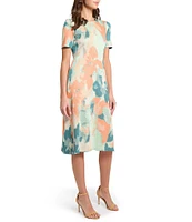 MISOOK Abstract Floral Knit Round Neck Short Sleeve A-Line Midi Dress