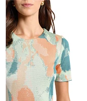 MISOOK Abstract Floral Knit Round Neck Short Sleeve A-Line Midi Dress