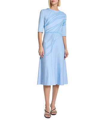 MISOOK Abstract Knit Crew Neck Elbow Sleeve Fit-And-Flare Midi Dress