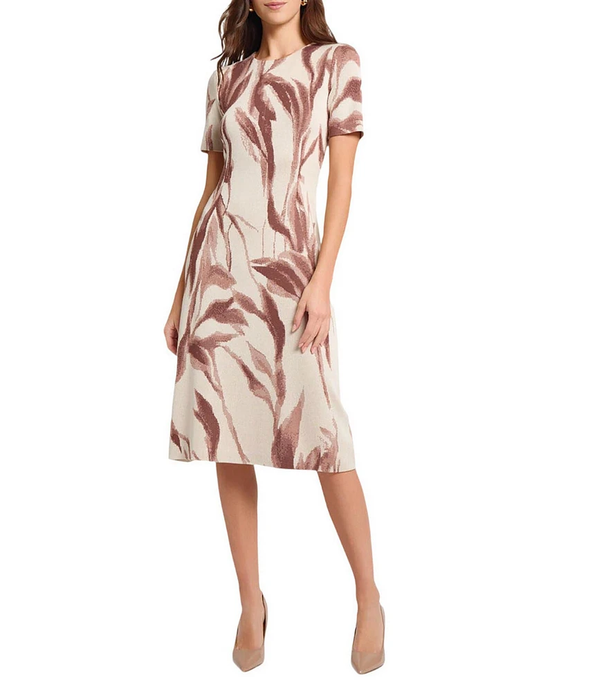 MISOOK Botanical Jacquard Soft Knit Round Neck Short Sleeve A-Line Midi Dress